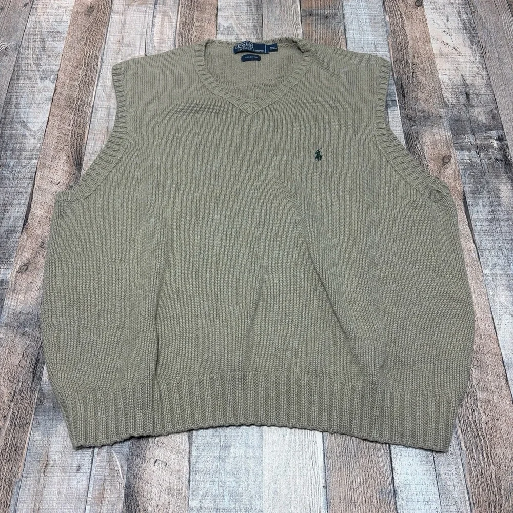 Vintage Polo Ralph Lauren Sweater Vest Mens XXL Beige Cotton V Neck Classic Pony
